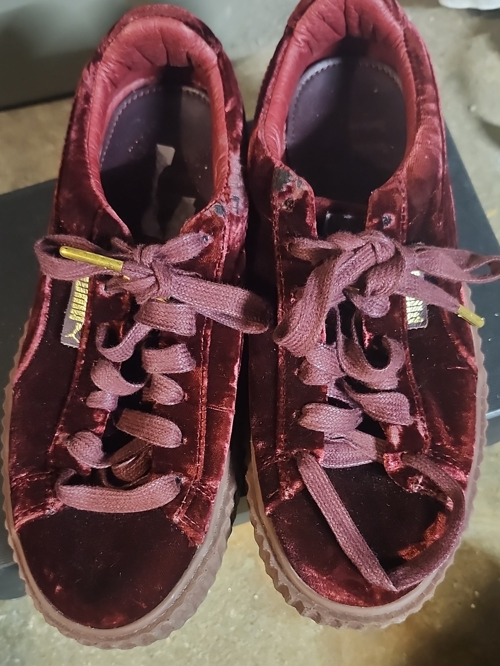 Puma Burgundy Velvet Sneakers with Gold Logo